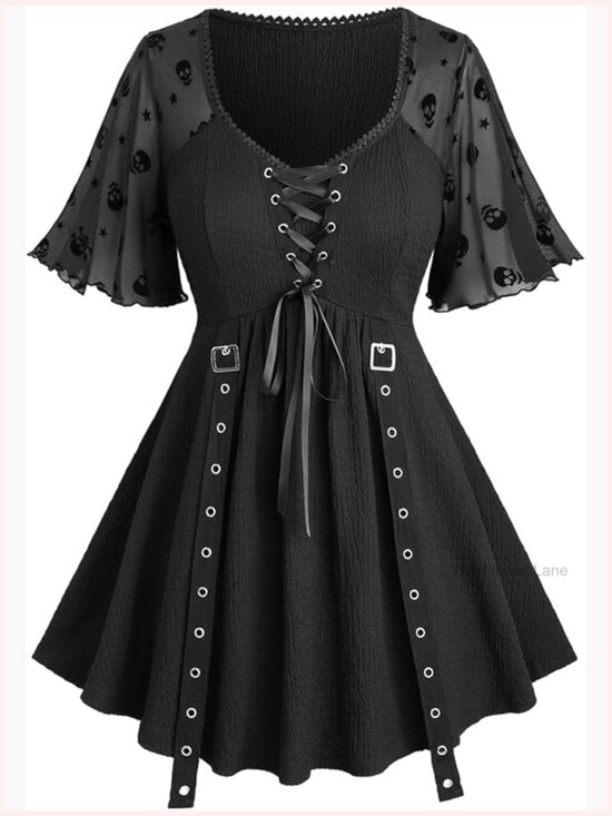 Tops - Plus Size Gothic Skull Mesh Flutter Sleeve Lace Up Blouse Top